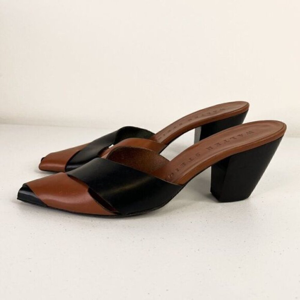 Walter Steiger Brown & Black Leather Block Heel Pointed Toe Sandals - Picture 3 of 5